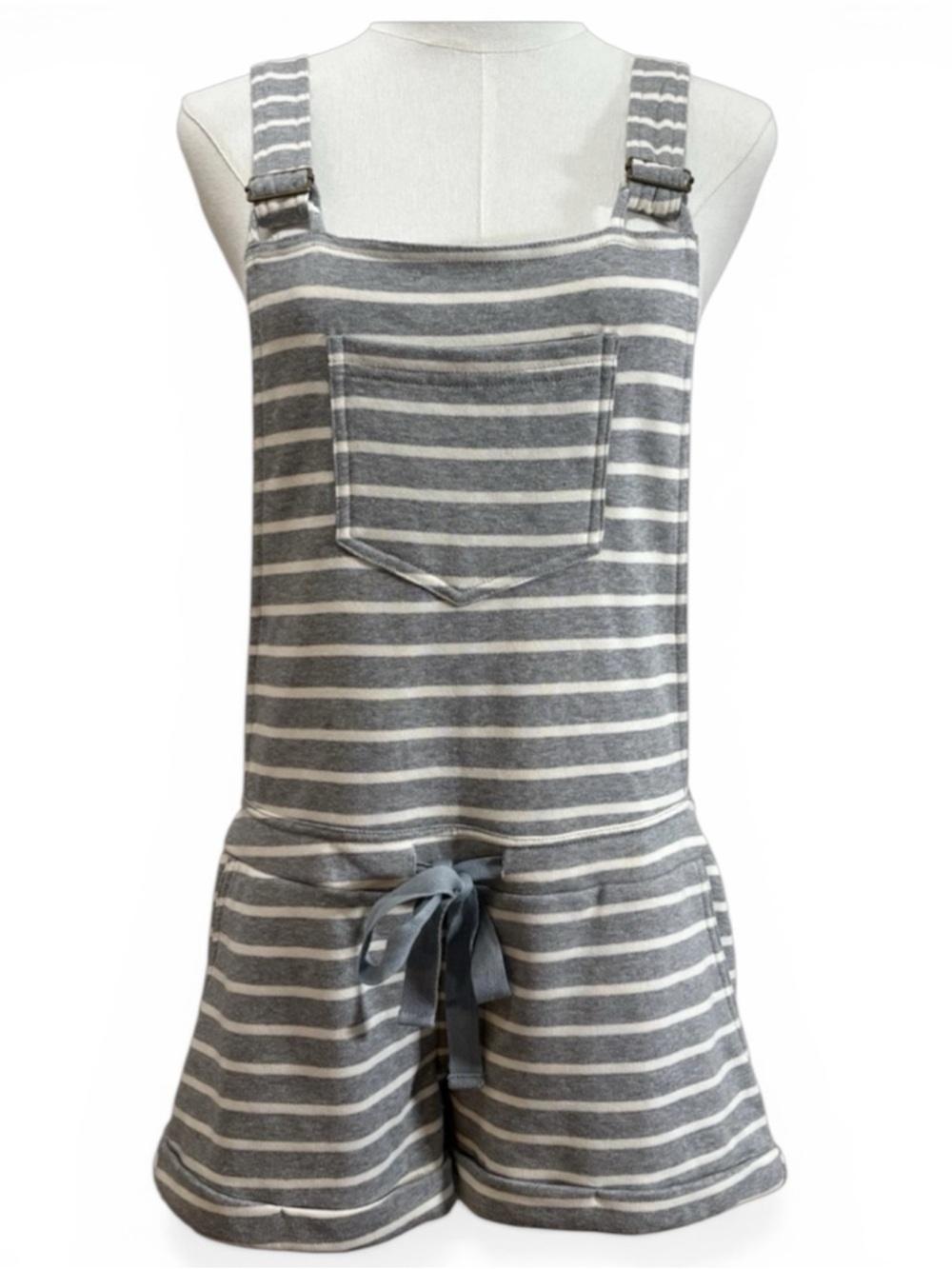 Overall Shorts Striped Cotton Blend Size Small Grey White Romper